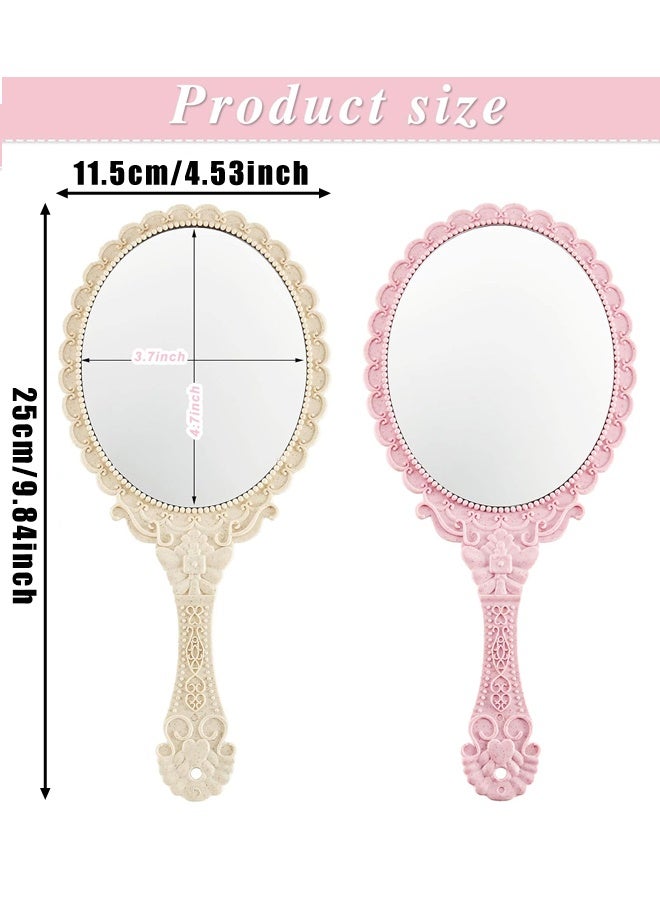 2 Pieces Vintage Handheld Mirror Portable Embossed Flower Mirror Hand Held Decorative Compact with Handle for Makeup Travel Personal - Image 2